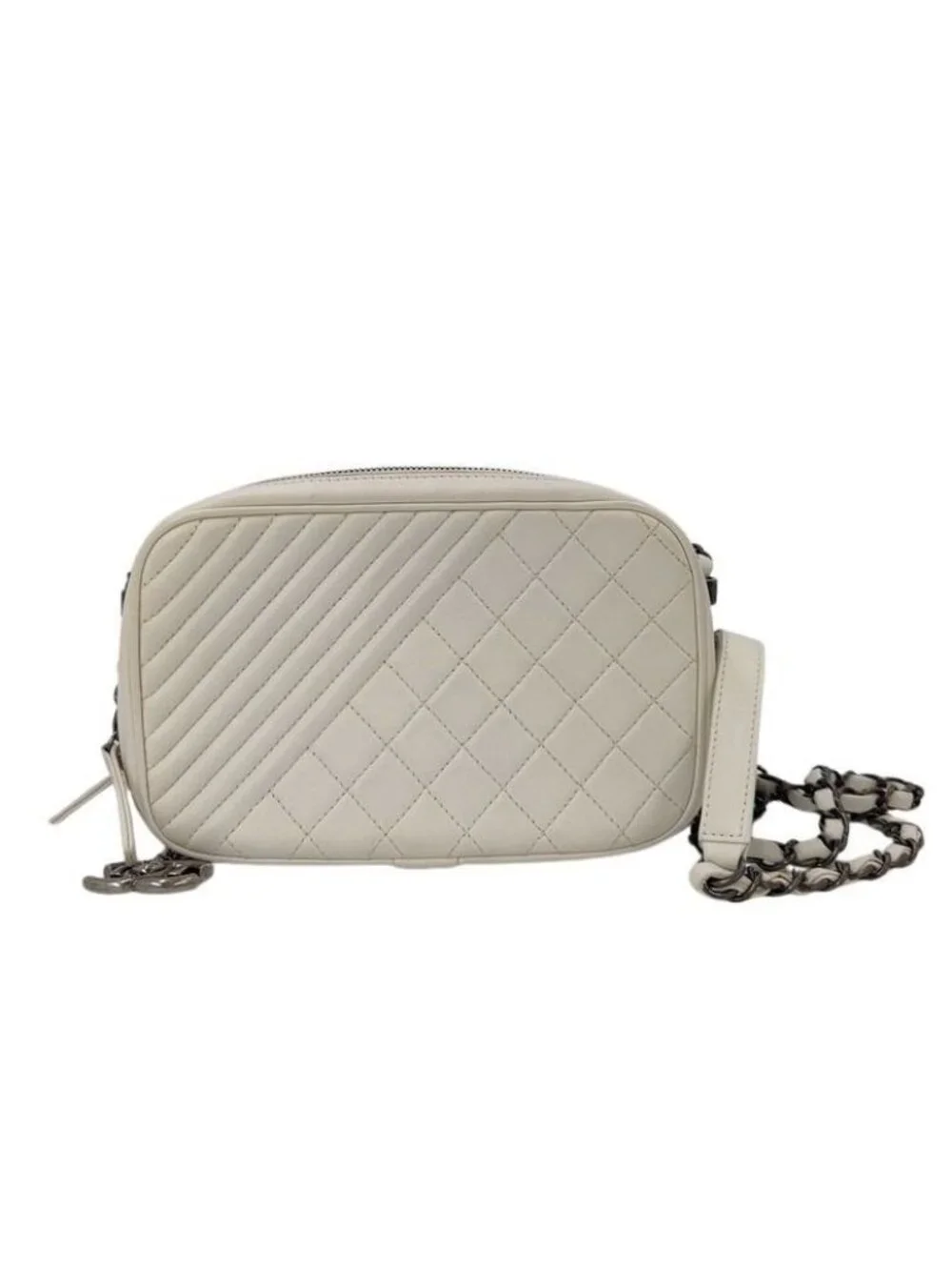 Chanel Shoulder Bag Boy White Lambskin Quilted CC Logo Chain Gunmetal Coco